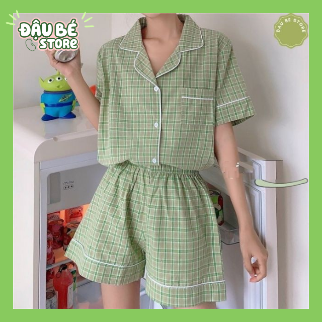 Bộ Ngủ Kẻ Caro Xanh Lá Ulzzang Cute Form Rộng - Pijama Hè Bộ Mặc Nhà Ngắn Tay Hot Trend - DAUBE - S003