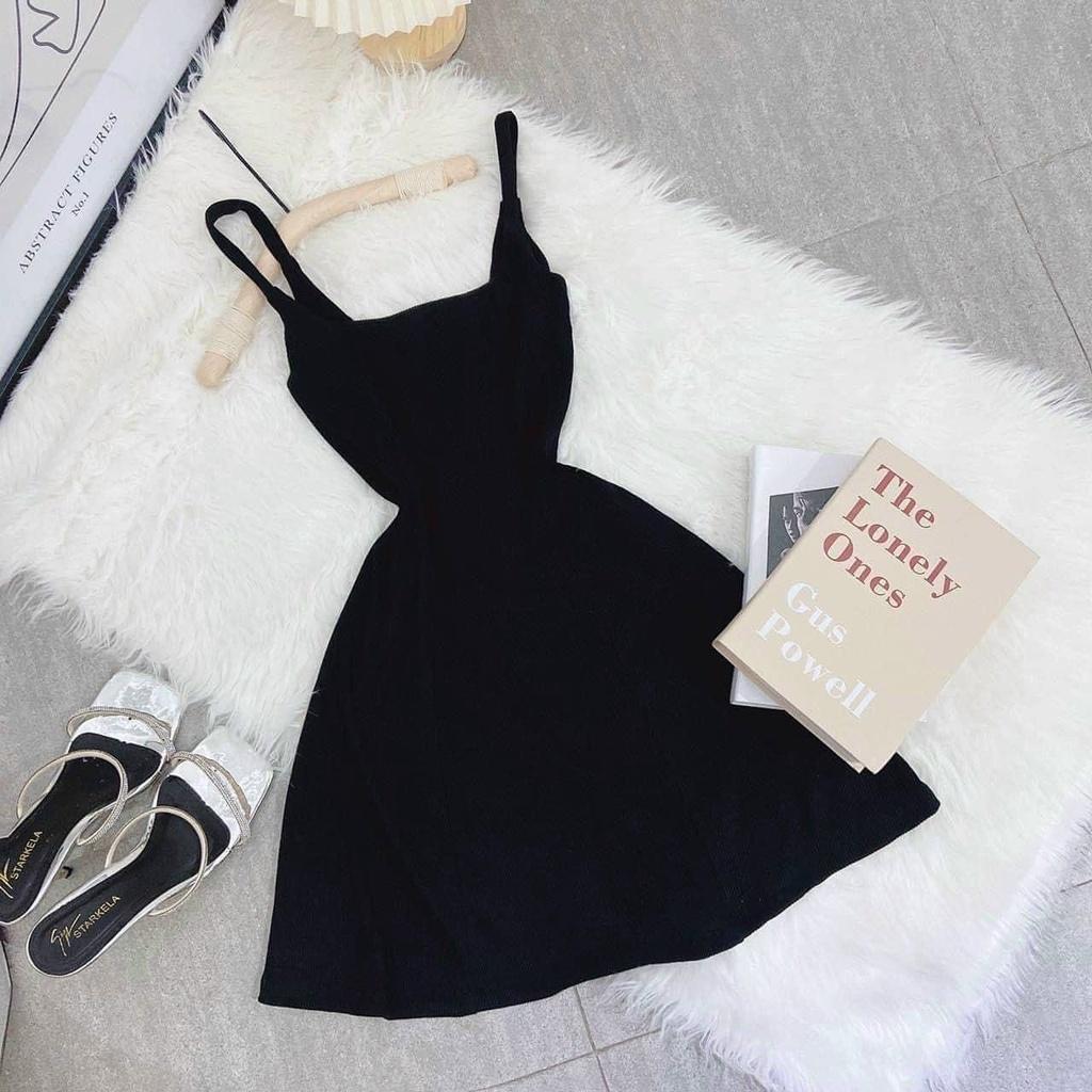 Đầm ngắn xòe đen 2 dây basic ôm body tôn dáng