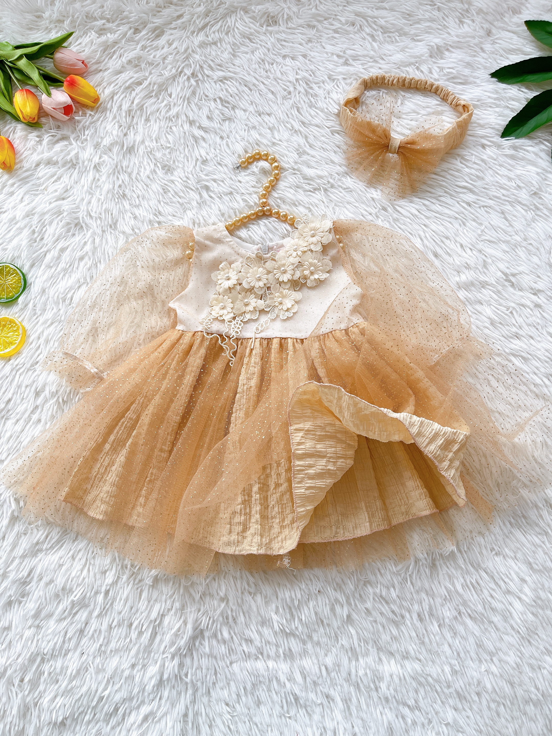 Váy công chúa đính hoa ngực bé gái 4 đến 28kg, Đầm bé gái tặng kèm turban