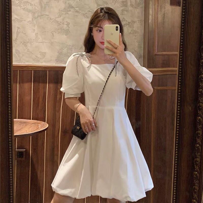 Đầm Nữ Vai Nơ Cổ Vuông Váy Nữ Cộc Tay Dáng Xòe
