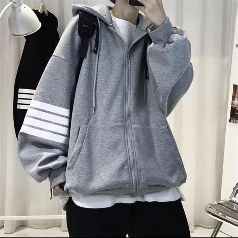 Áo Khoác Hoodie Unisex THOM 4 Sọc Kiểu Zip Kéo Phối Nón Rộng Vải Nỉ Xịn Phong Cách Ulzzang Hàn Quốc Hot Trend Mới