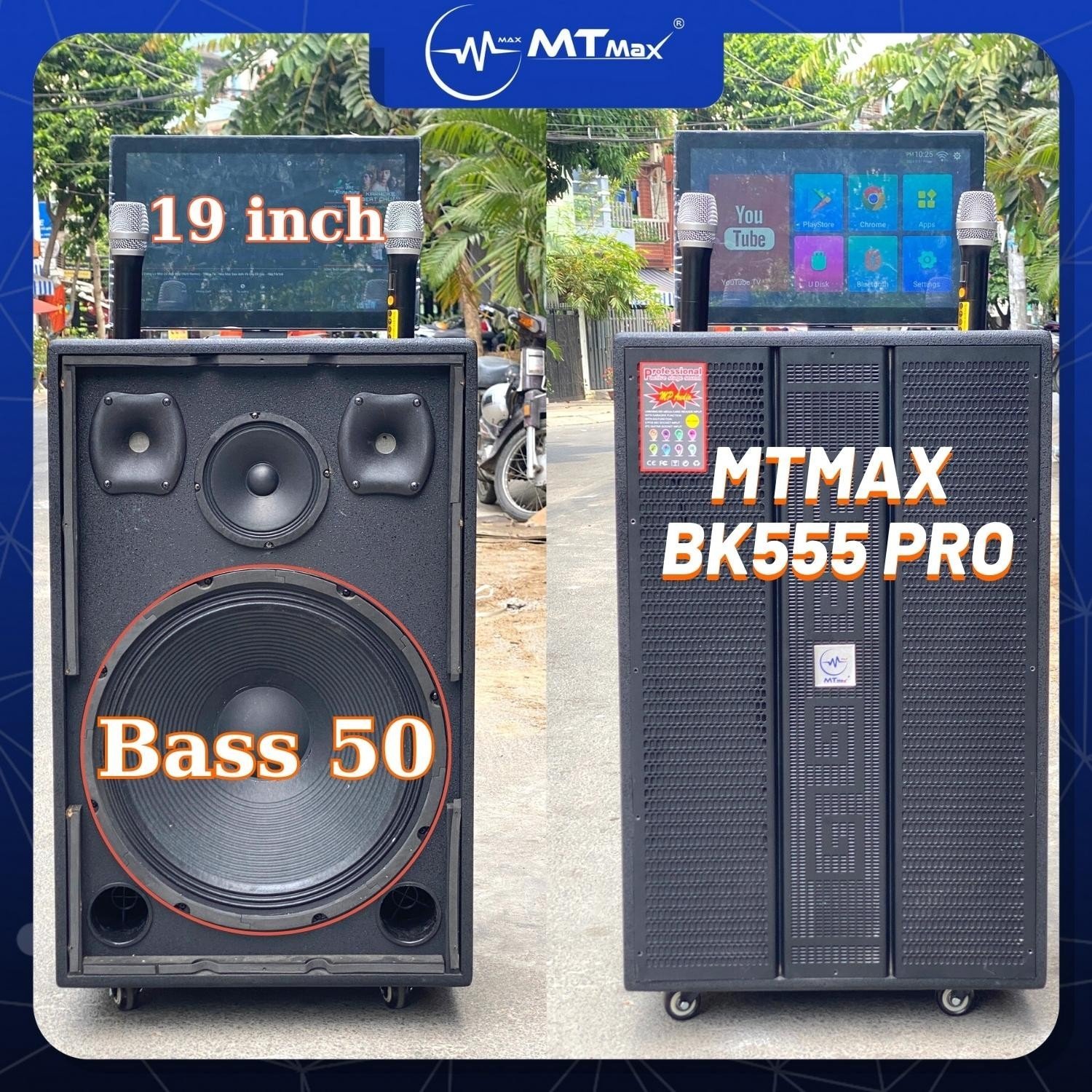 Loa karaoke MTMAX BK555 PRO - Màn Hình Cảm Ứng 19 Inch, Bass 5 Tấc – Kèm 2 Micro Không Dây karaoke hay- công suất 1000w- kết nối wifi bluetooth