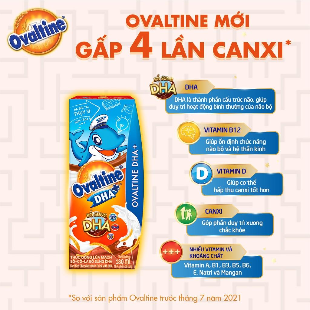 [TẶNG 3 BÌNH NƯỚC DUY TÂN] THÙNG 12 LỐC Thức uống lúa mạch hương vị sô-cô-la Ovaltine DHA+ công thức mới (180ml x 4)