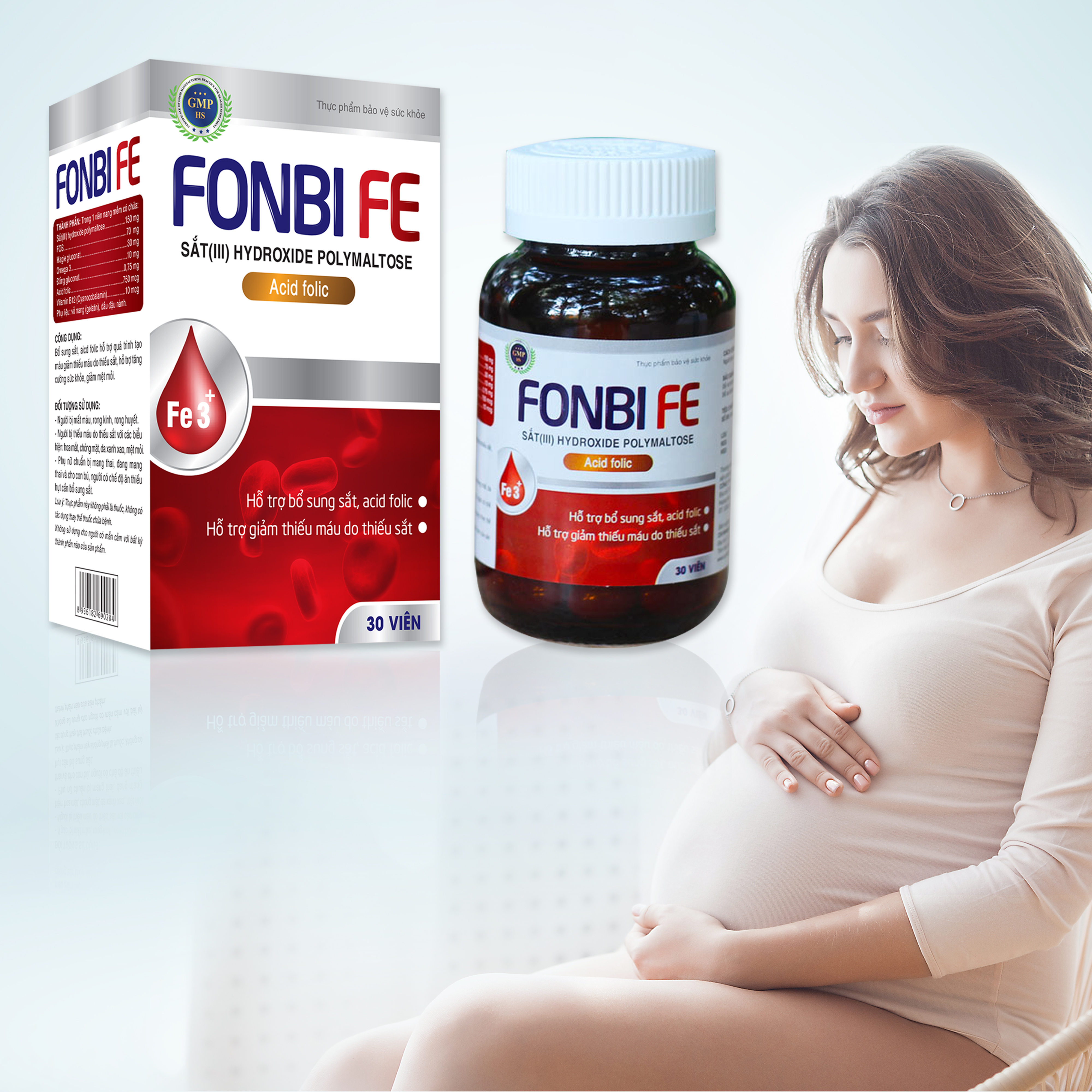 Viên uống bổ sung Sắt III, Acid folic, Vitamin B12 cho bà bầu, phụ nữ có thai và cho con bú không gây táo bón FONBIFE lọ 30 viên