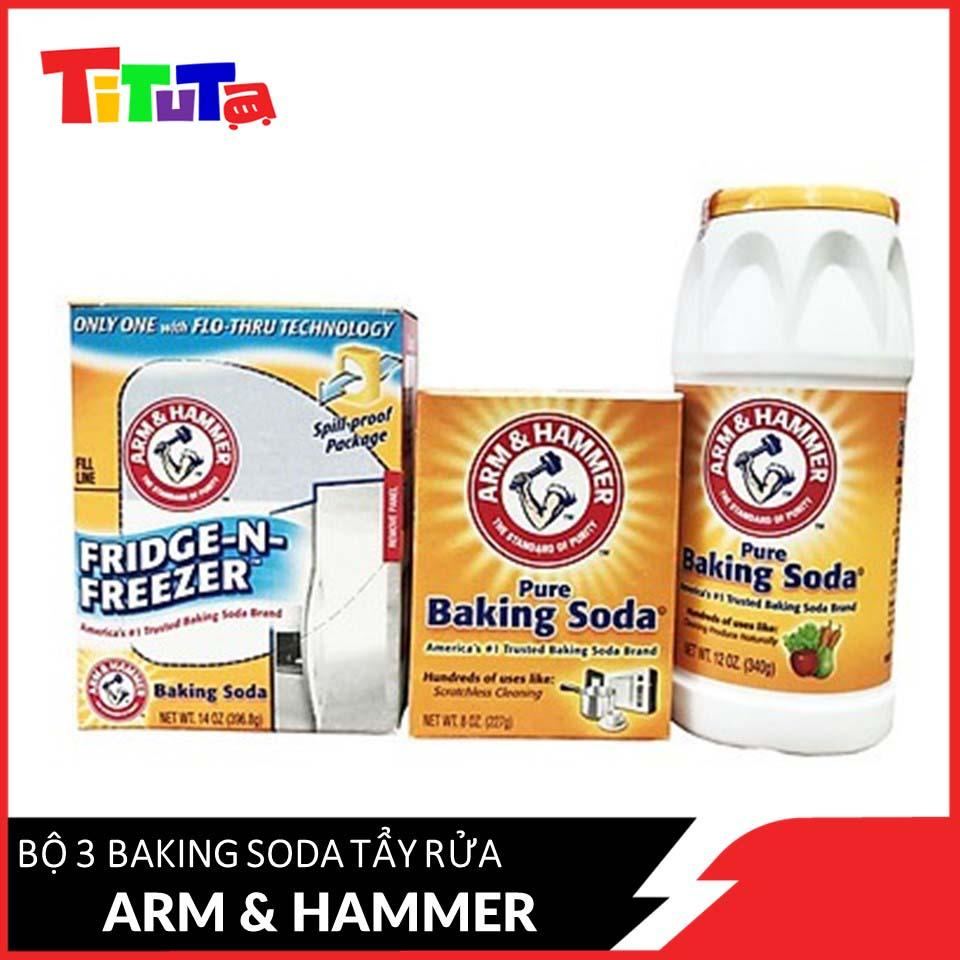 Bộ 3 baking soda tẩy rửa Arm &amp; hammer: tẩy rửa nhà cửa 227gr + rửa rau củ quả 340gr + khử mùi tủ lạnh 397gr