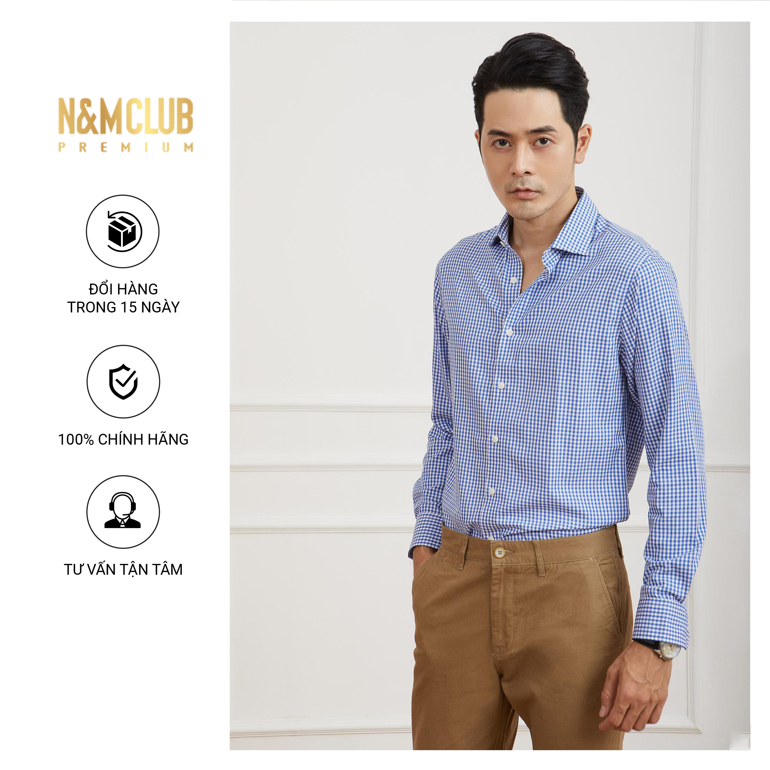 N&amp;M CLUB Áo Sơ Mi Nam tay dài caro chất liệu Bamboo kháng khuẩn tay dài 2104003