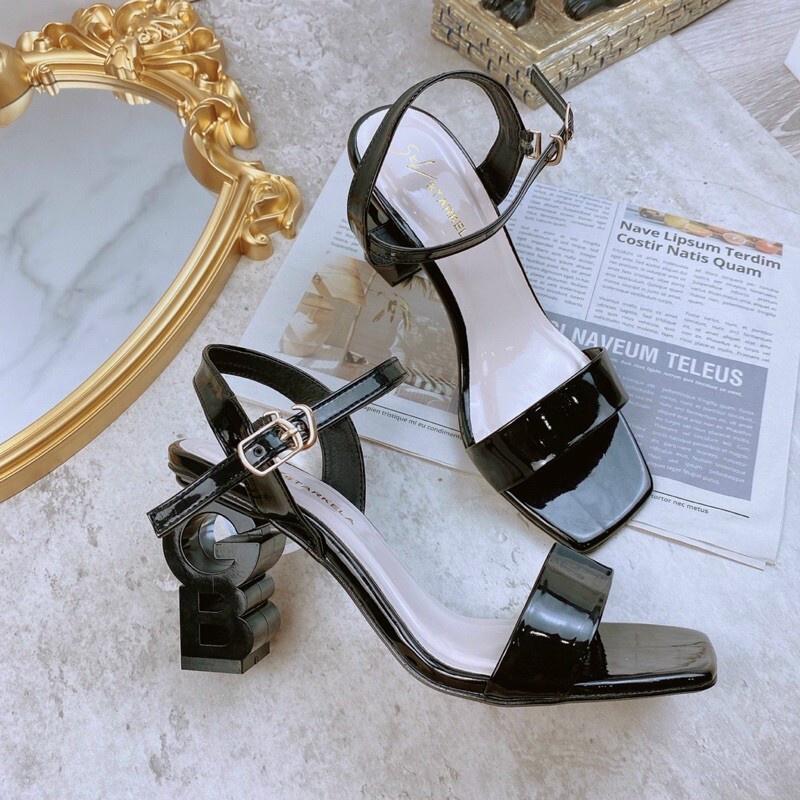 Giày cao gót 5p, Giày sandal nữ đi học bảng trơn gót vuông chữ gb màu đen size từ 35 đến 39