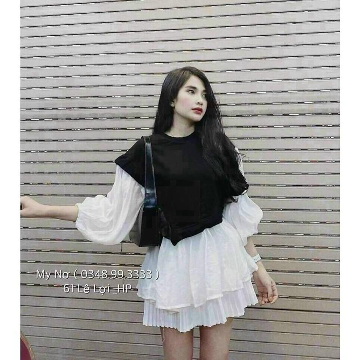 Áo baby doll đen trắng cột nơ eo
