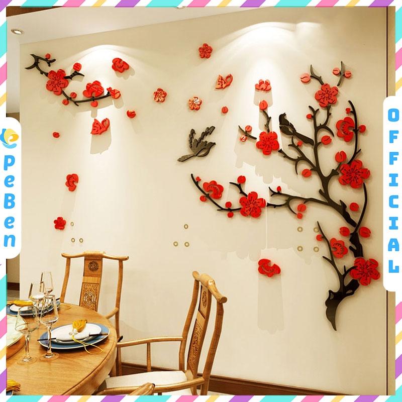Tranh dán tường mica 3d decor khổ lớn hoa đào trang trí tết phòng khách, phòng ngủ
