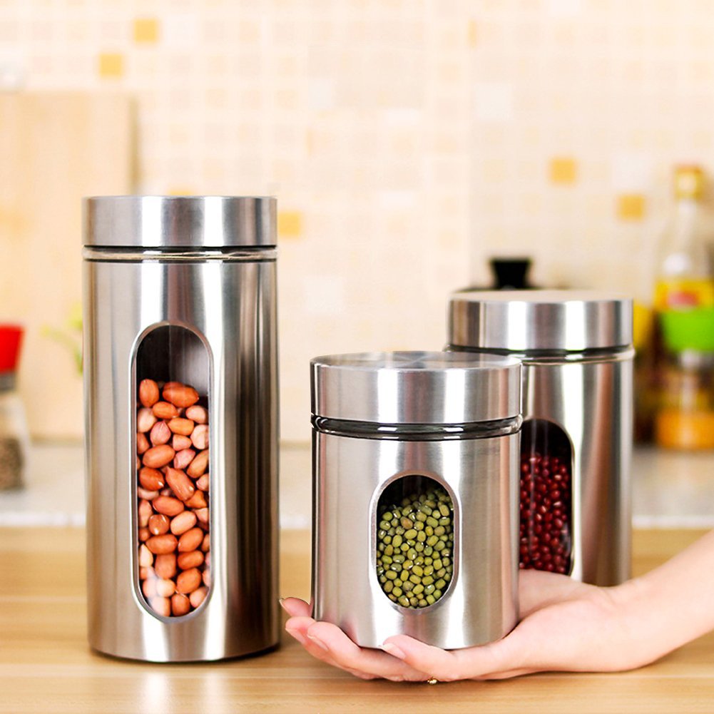 Hộp Đựng Thực Phẩm Thủy Tinh Bọc Inox Hình Trụ Tròn Gagi Mã Gh21 Sang Trọng Chống Ẩm Mốc Tốt, Dày Dặn Siêu Bền - Hàng Chính Hãng - Combo 3 Hộp