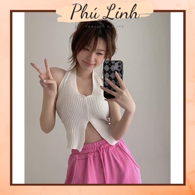 MS631 Áo kiểu nữ cổ yếm hở rốn khoe lưng len tăm Quảng Châu