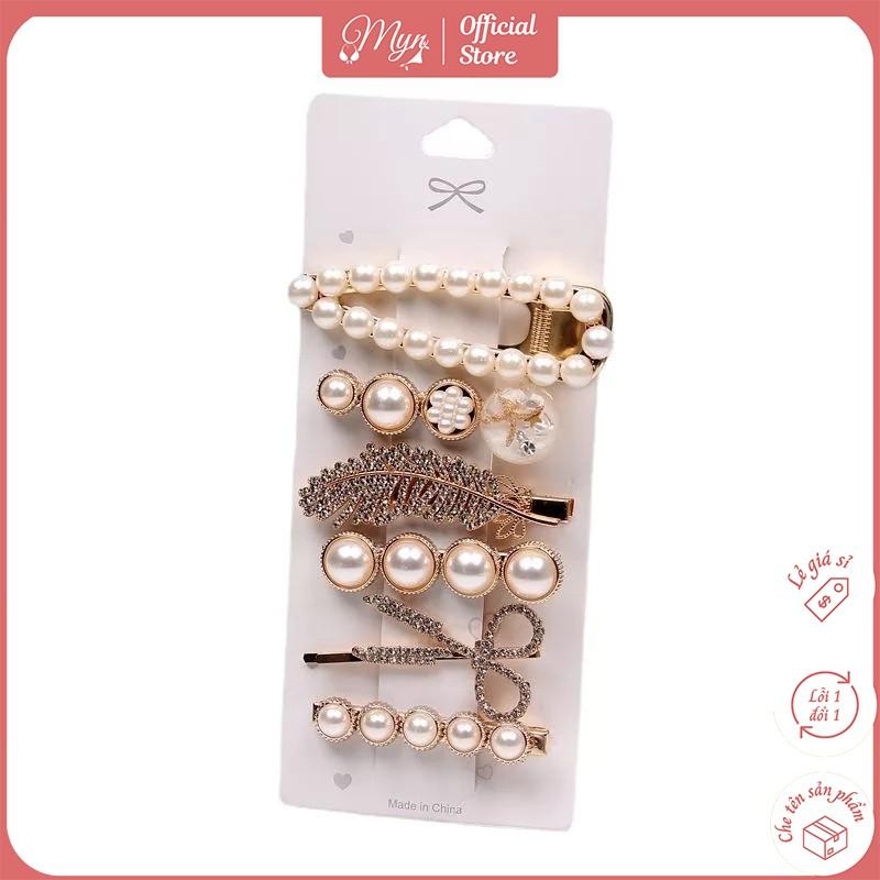 SET KẸP TÓC MẠ VÀNG ĐÍNH NGỌC TRAI NHÂN TẠO 6 MÓN