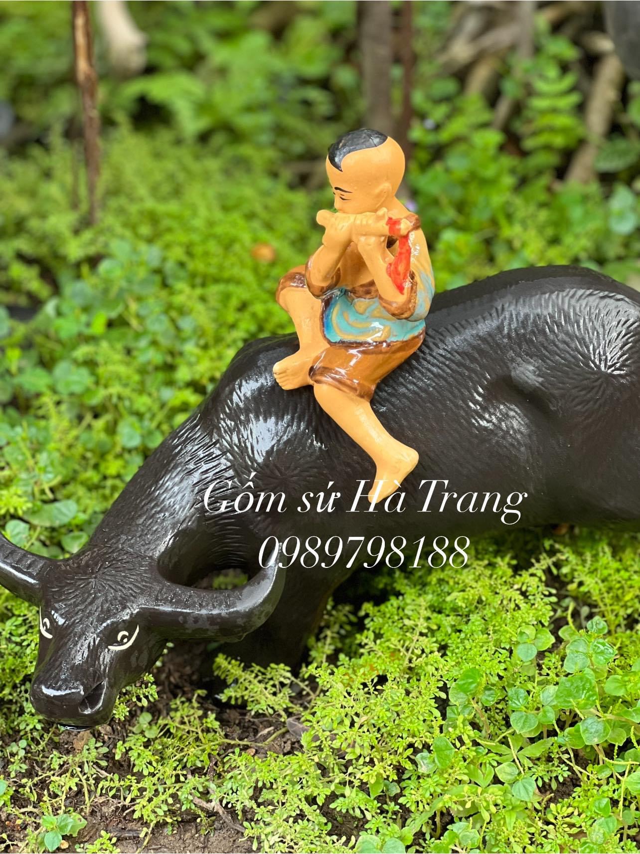 Tượng mục đồng chăn trâu gốm sứ Bát Tràng size 33cm