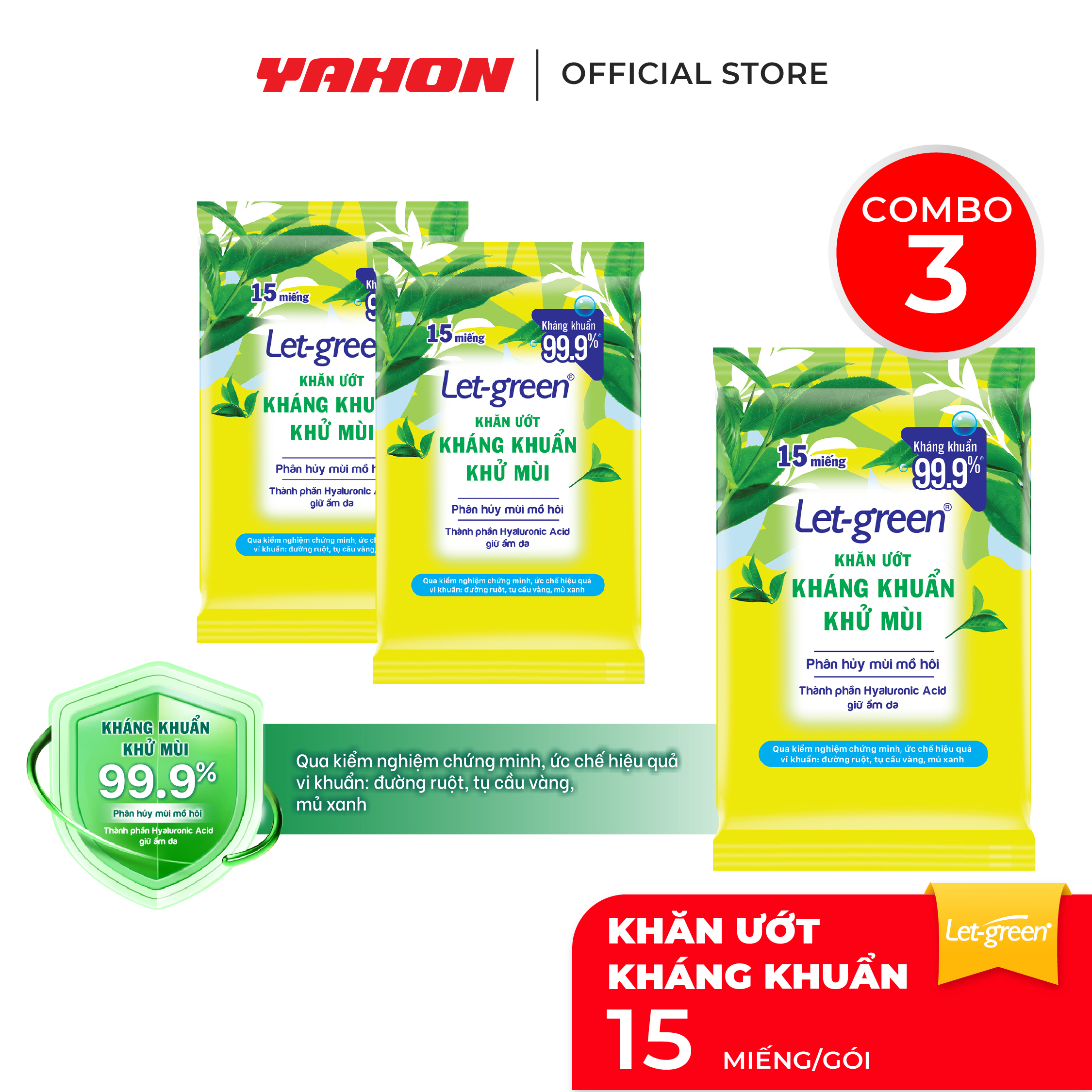 Combo Gói Khăn Giấy Ướt Kháng Khuẩn Khử Mùi LET-GREEN, 15 Miếng/Gói