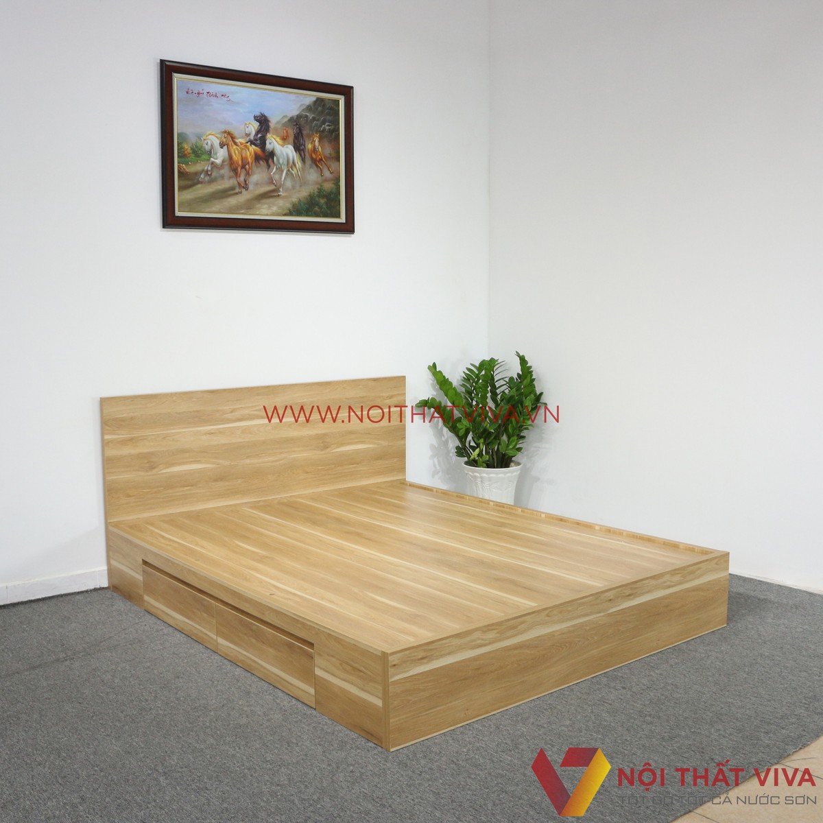 Giường Ngủ Gỗ MDF Phủ Melamine Màu Vàng Sọc Có Ngăn Kéo Đẹp Hiện Đại