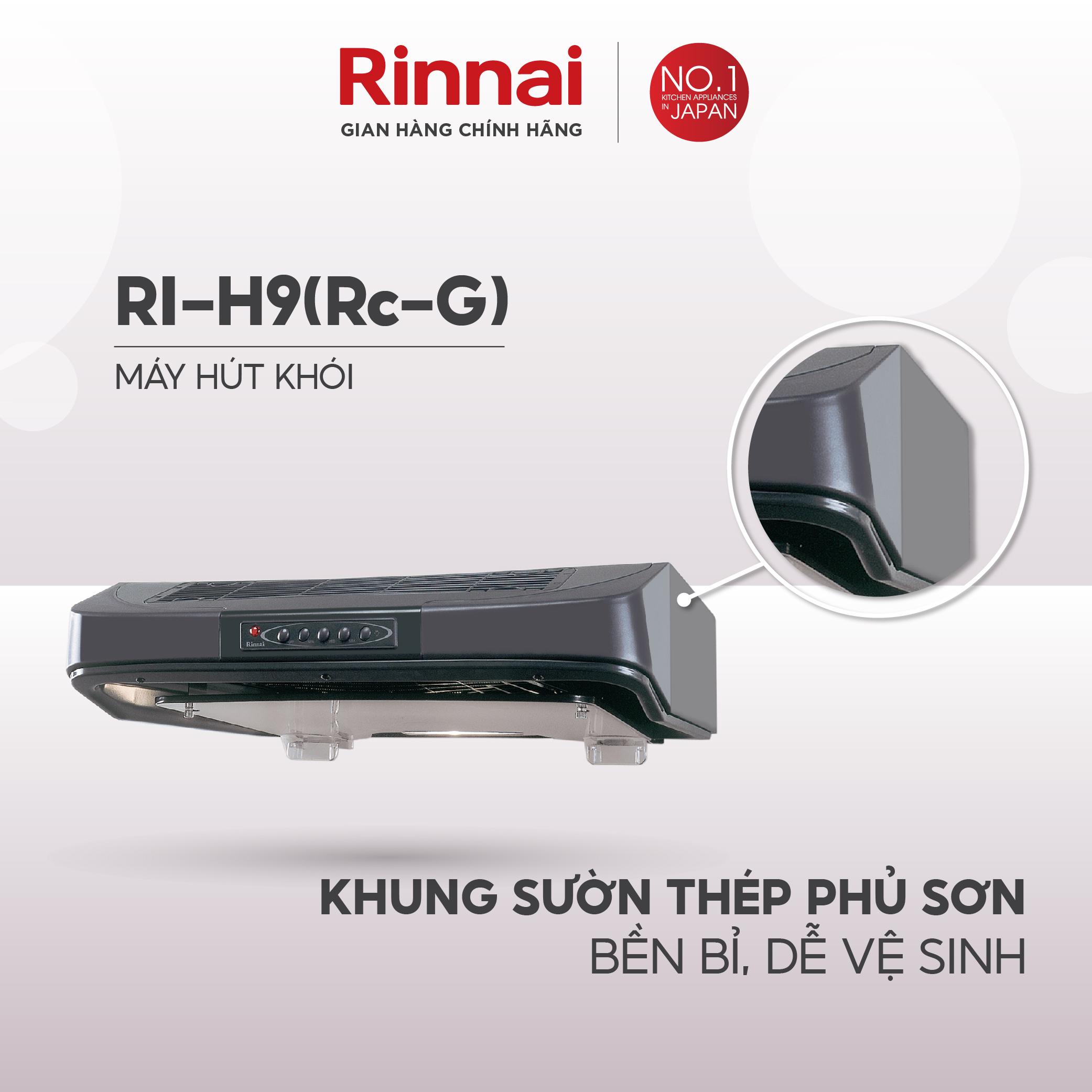 Máy hút mùi 90cm Rinnai RI-H9(Rc-G) than hoạt tính 161W - Hàng chính hãng.