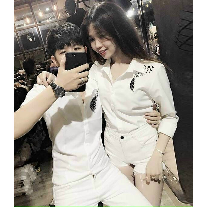 Sơ mi cặp họa tiết lông vũ và chim thời trang