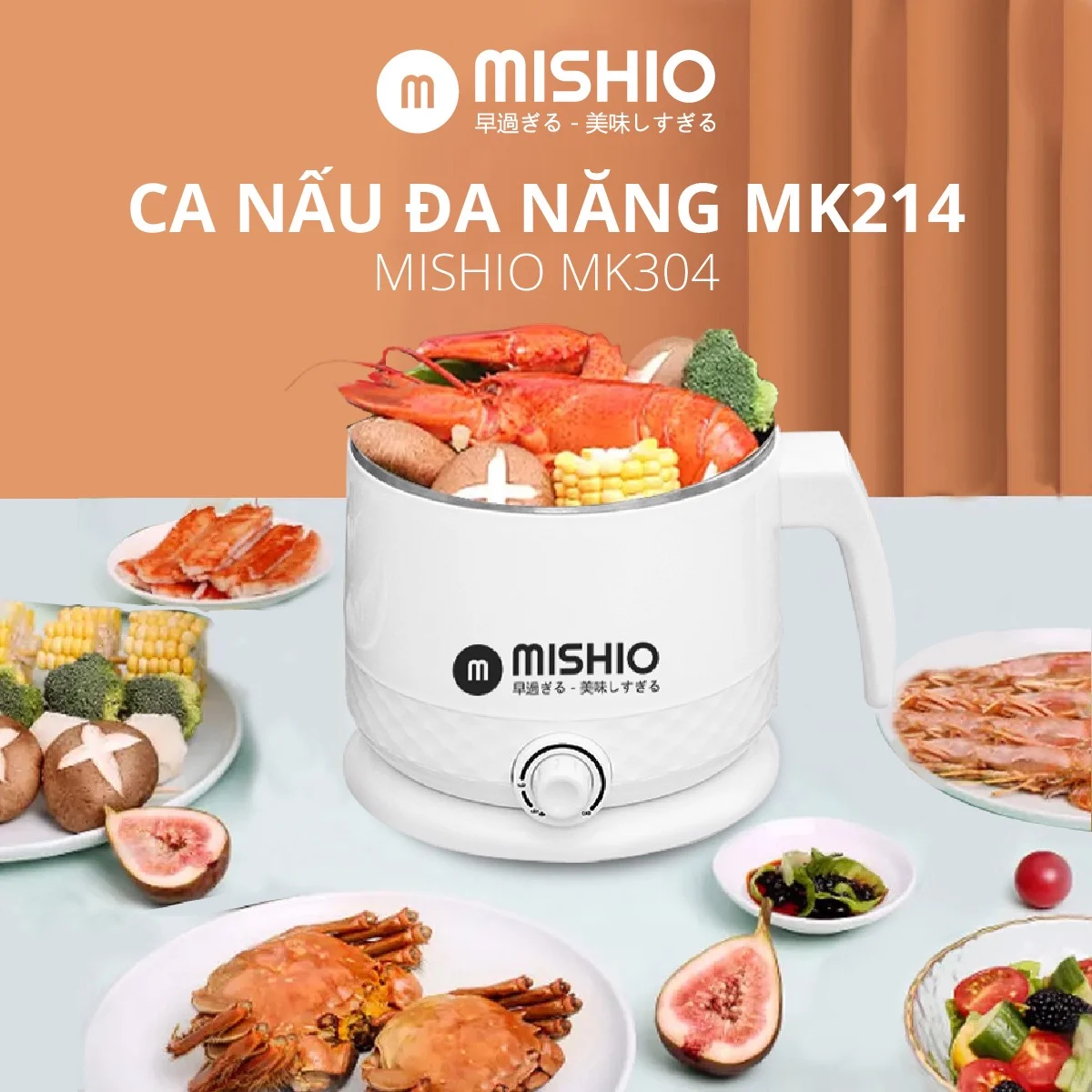 Ca nấu đa năng Mishio MK214 600W 1,5L inox 304, nấu nước, nấu mì, lẩu - Màu trắng xám - Hàng chính hãng