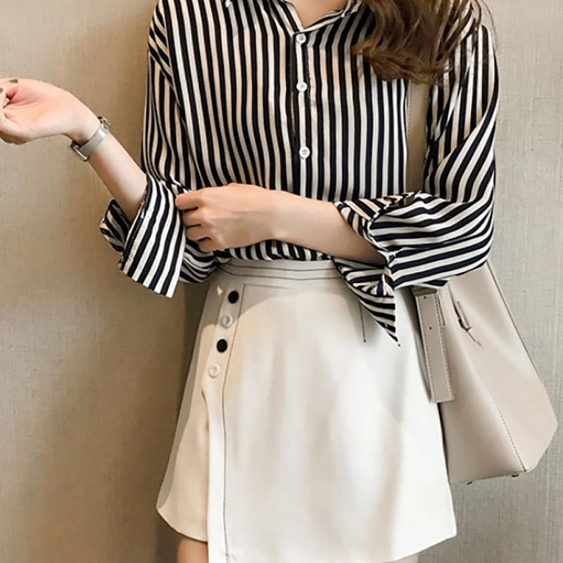 Áo sơ mi tay dài dáng rộng hoạ tiết kẻ sọc thiết kế thanh lịch cho phái nữ