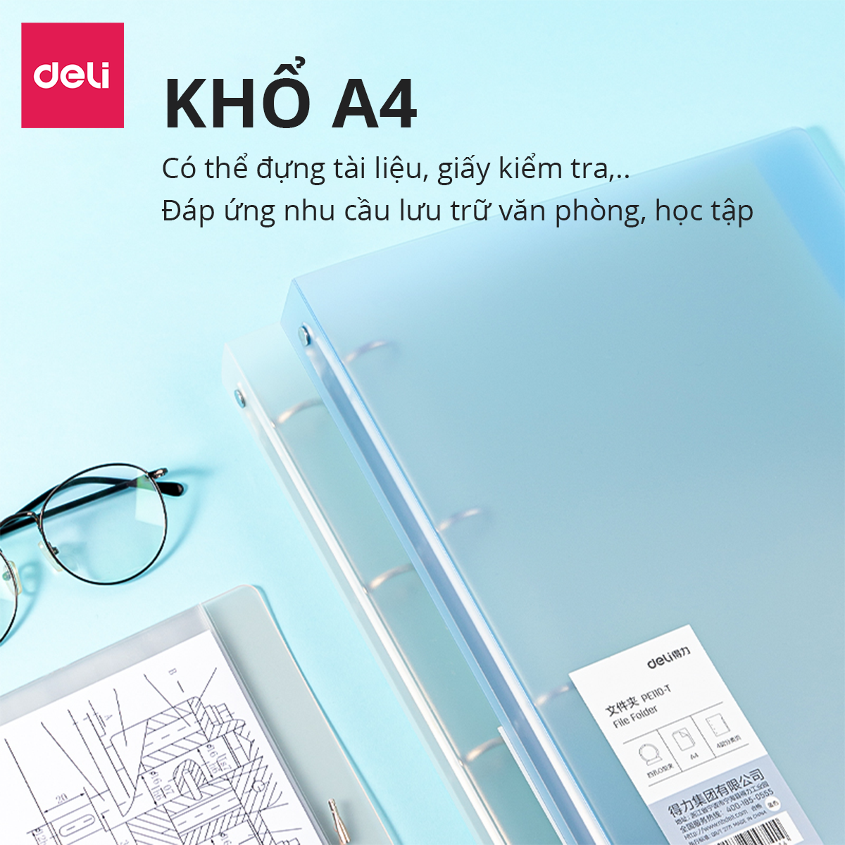 File Còng Sắt Kèm 4 Lá Học Sinh A4 Deli - 4 Còng Đựng File Tài Liệu Lưu Trữ Hồ Sơ Chứng Từ Văn Phòng Cao Cấp - PE110