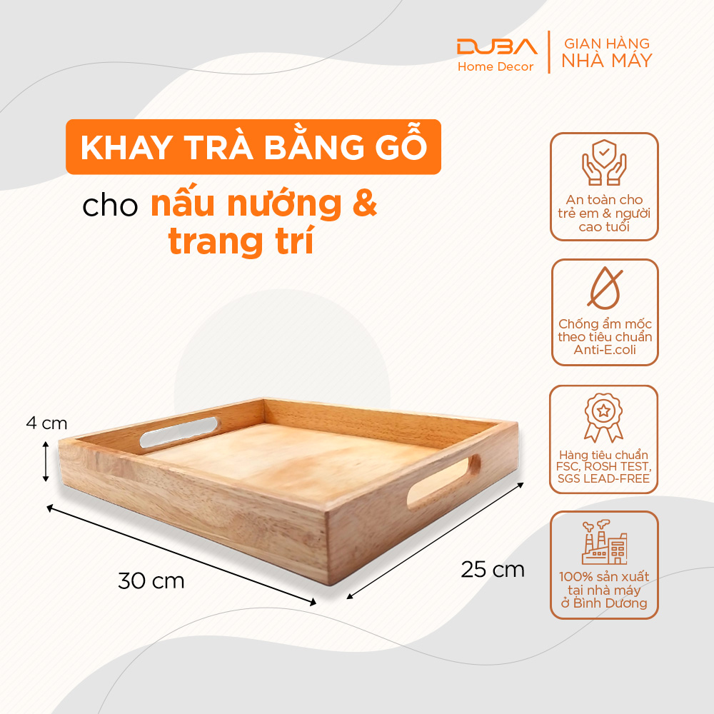 Khay trà gỗ chữ nhật, khay gỗ decor đựng cốc, bưng đồ ăn màu tự nhiên chuẩn xuất khẩu - DUBA