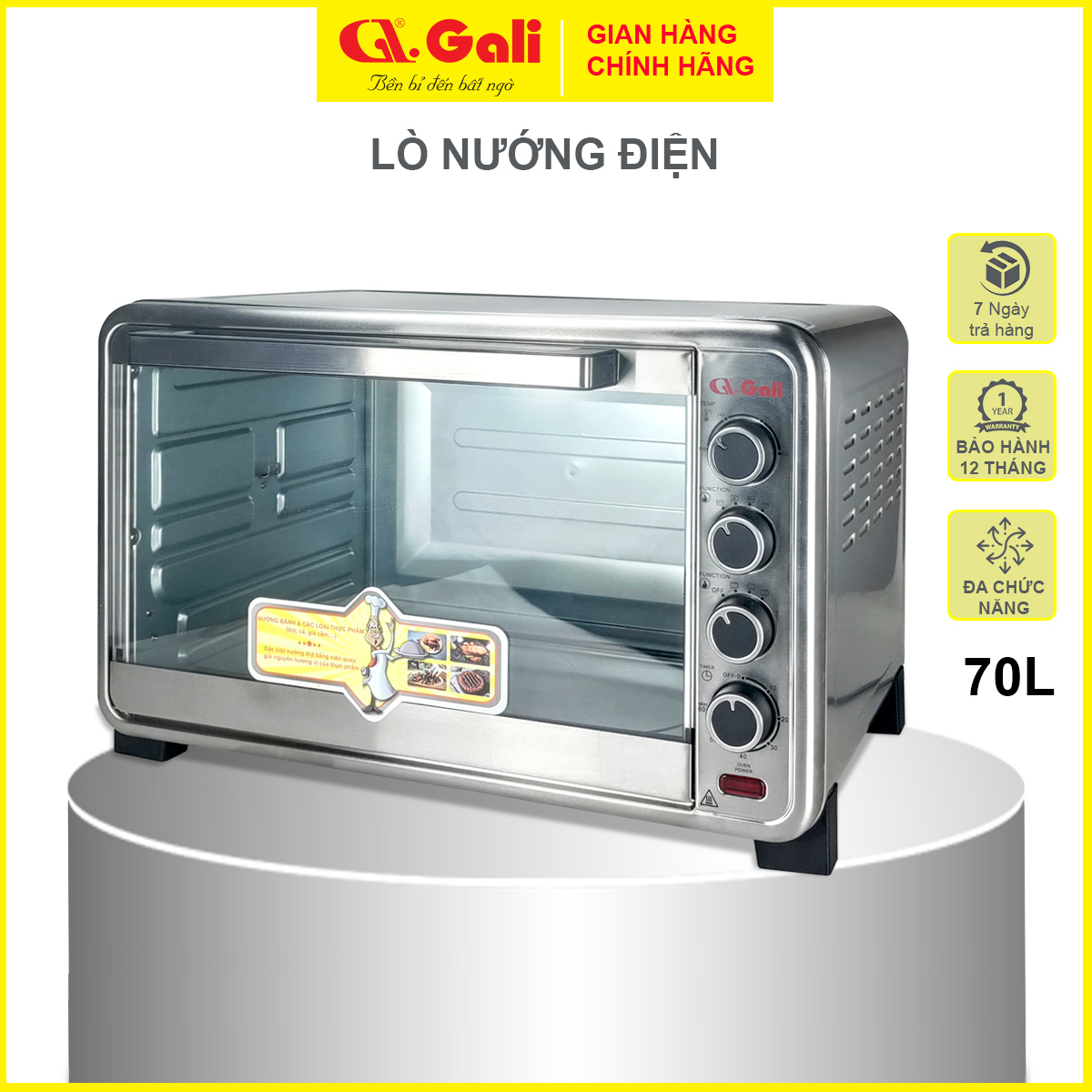 Lò nướng điện đa năng Gali GL-1170 dung tích lớn 70 lít, có đèn, xiên quay, quạt đối lưu, hàng chính hãng Gali bảo hành 24 tháng.