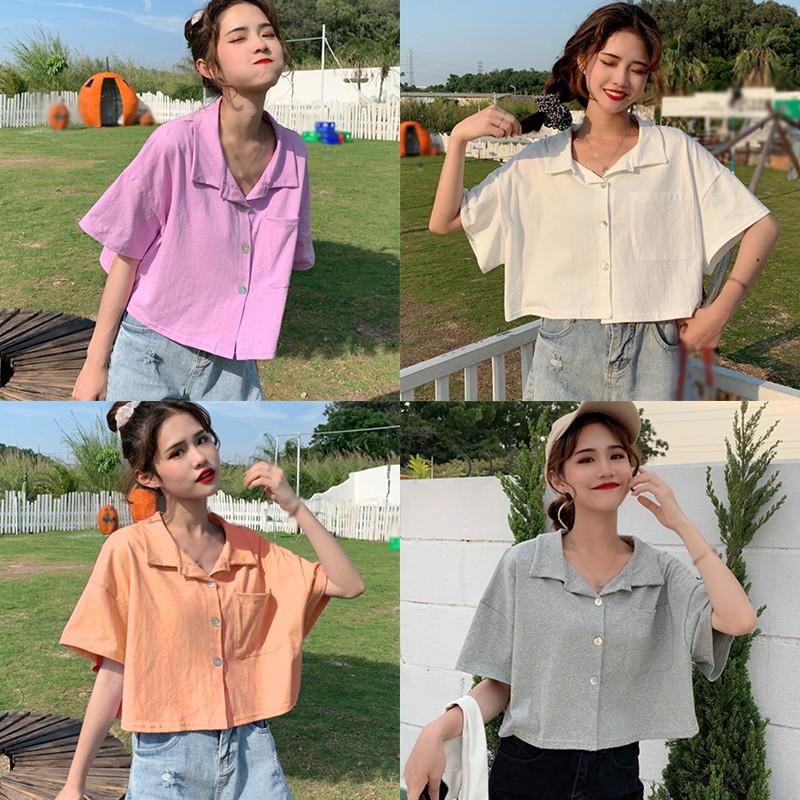 Áo Kiểu Tay Ngắn Dáng Rộng Màu Trơn Thiết Kế Thanh Lịch Cho Nữ