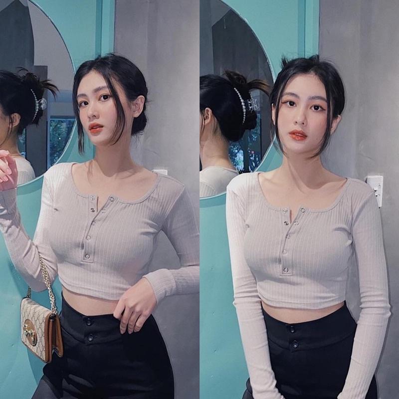 Áo Croptop Nút Bấm Tay Dài Thun Gân Xịn