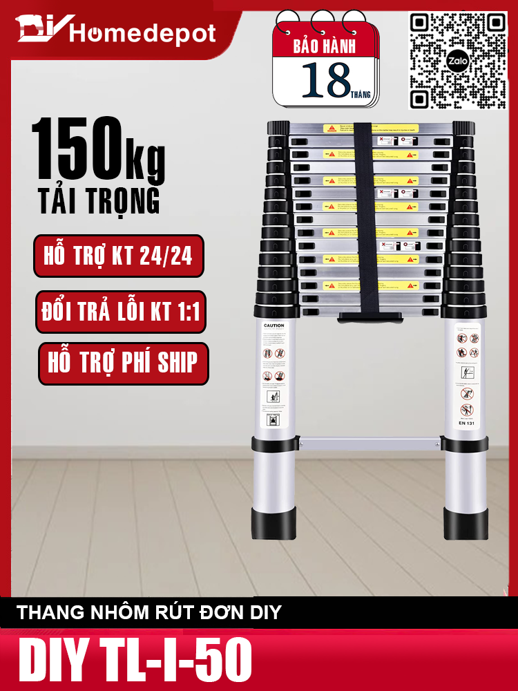 Thang nhôm rút đơn DIY TL-I-50 chiều cao tối đa 5m, rút gọn 1m, tải trọng 150kg, đế cao su chống trượt, nút khóa chắc chắn