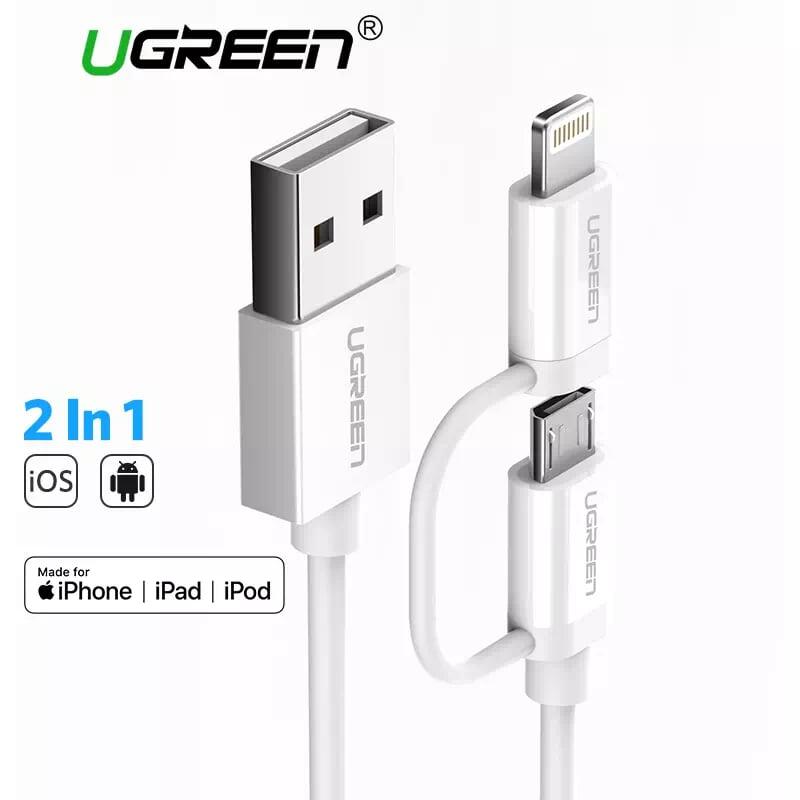 Ugreen UG20877US178TK 1.5M màu Trắng Cáp sạc đa năng USB sang MicroUSB + Lightning - HÀNG CHÍNH HÃNG