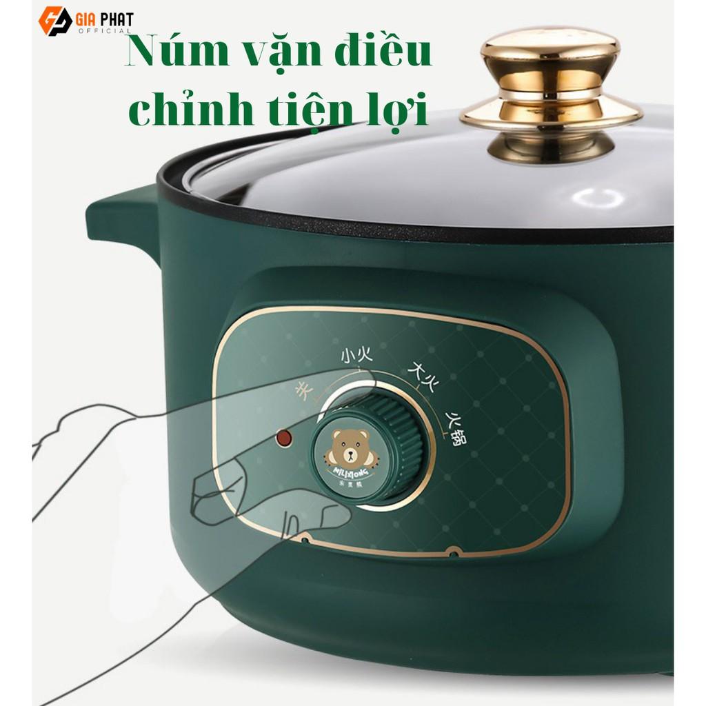 Nồi Lẩu Điện Đa Năng 5 IN 1 CHỐNG DÍNH 1000W Thể tích 4L - Kèm giá hấp INOX, Thìa, Muỗng, Bát, Lót Nồi