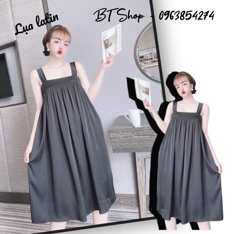 Đầm váy ngủ mặc nhà lụa latin trơn xoè freesize 42-57kg