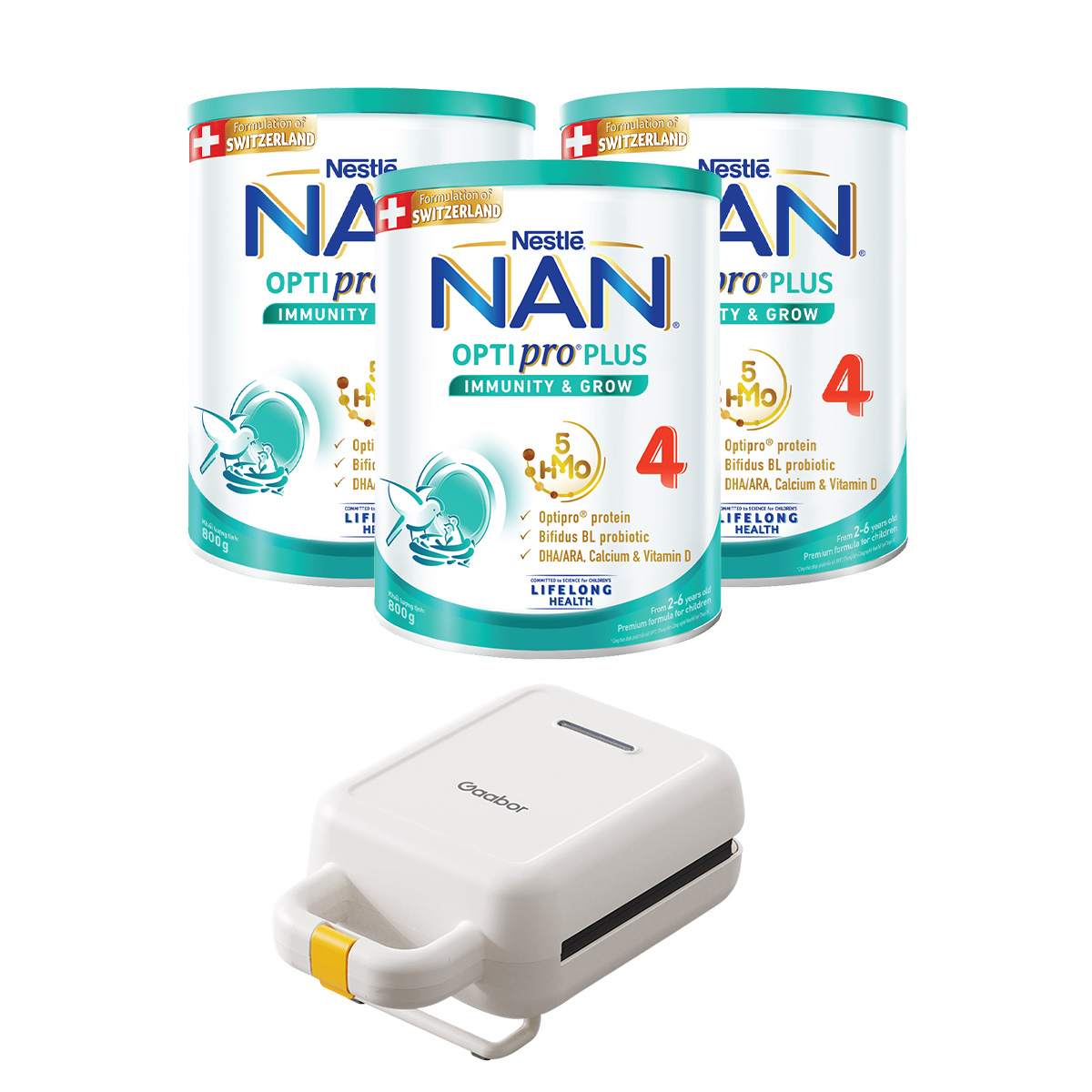 Bộ 3 lon Sữa bột Nestlé NAN OPTIPRO PLUS 4 800g/lon với 5HMO Giúp tiêu hóa tốt + Tăng cường đề kháng + Máy nướng bánh mì Gaabor​​ - Bé 2-6 tuổi