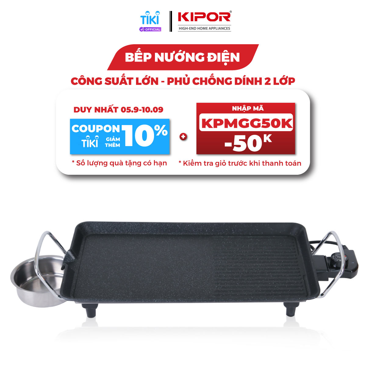 Bếp nướng điện không khói KIPOR KP-GR4828 - Mặt bếp lớn phủ chống dính WHITFORD của USA cao cấp dễ vệ sinh -Hàng chính hãng