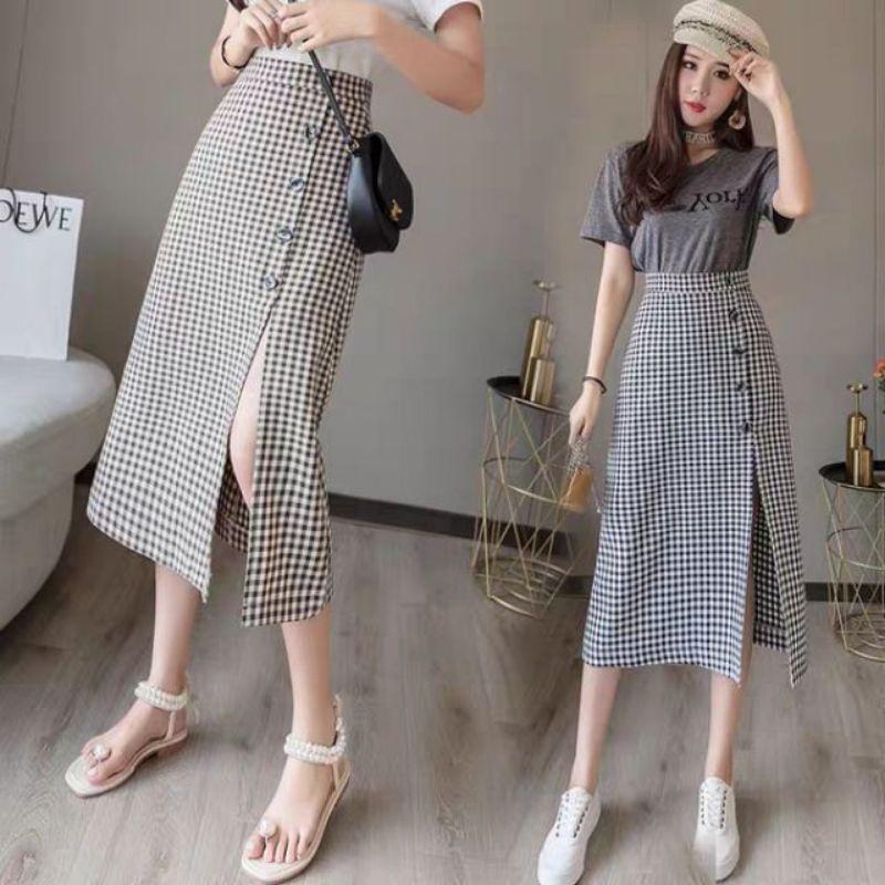Chân Váy Dáng Chữ A xẻ trước đáp tà đính cúc thời trang nữ