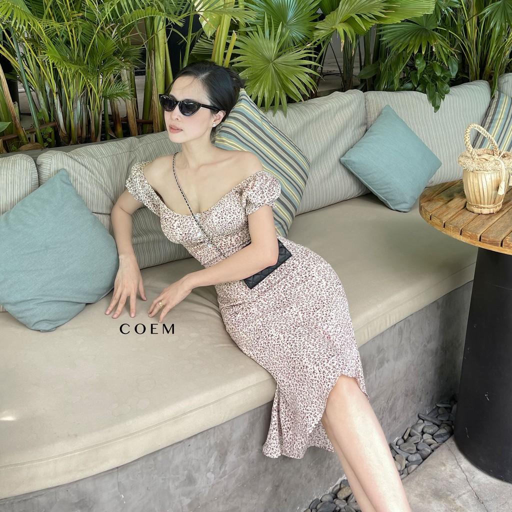 Đầm Trễ Vai Tay Phồng Dáng Dài Hoa Nhí Màu Hồng Chất Voan Cát Cao Cấp CO EM Thiết Kế