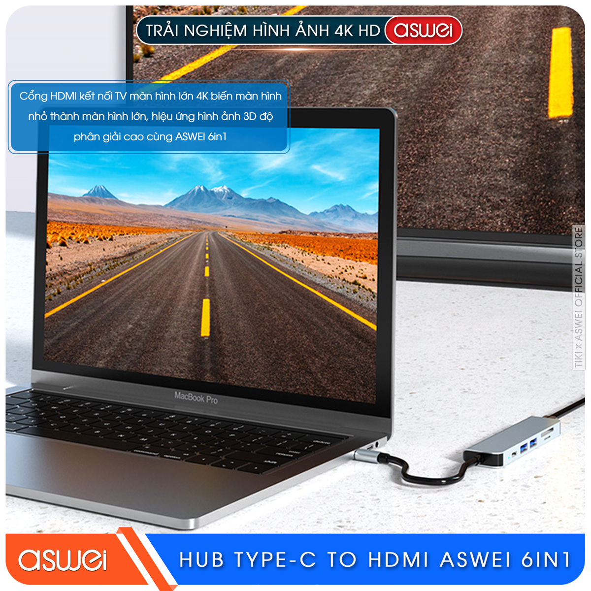 Hub Type C ASWEI 6 in 1 To HDMI, USB 3.0, SD, TF, PD 100W - Hàng Chính Hãng