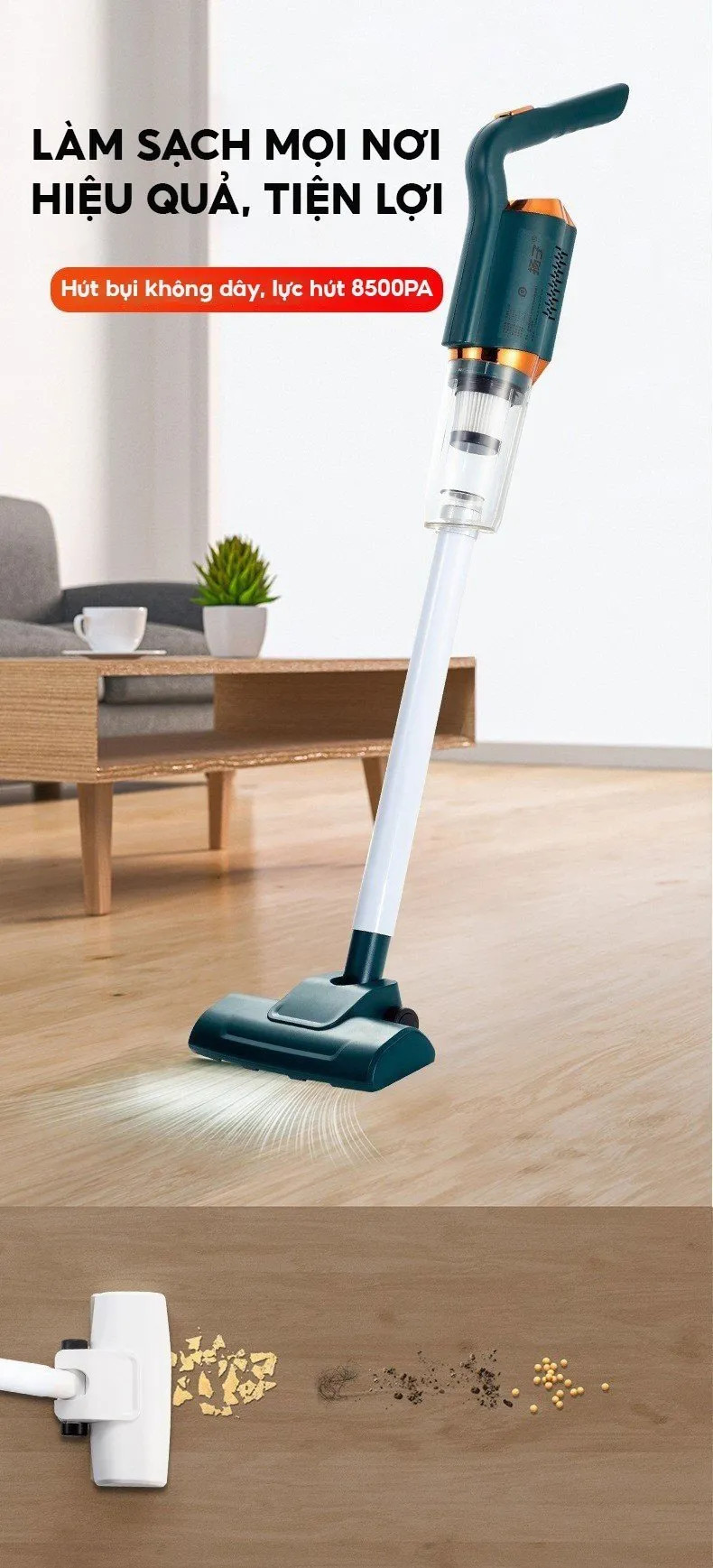 Máy Hút Bụi Cầm Tay Không Dây Công Suất 120W Wireless Vacuum Cleaner, Phù Hợp Để Trong Ô Tô, Văn Phòng, Phòng Ngủ Hút tóc, lông chó mèo, bụi bẩn - Hàng chính hãng nhập khẩu