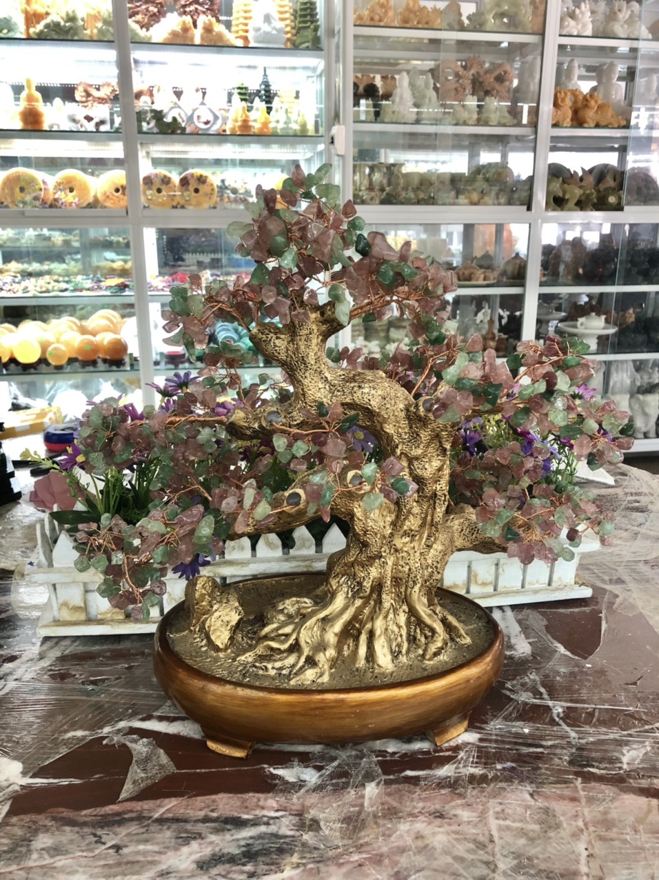 Cây tài lộc bonsai phong thủy đá thạch anh dâu tây đỏ và xanh - Cao 40 cm