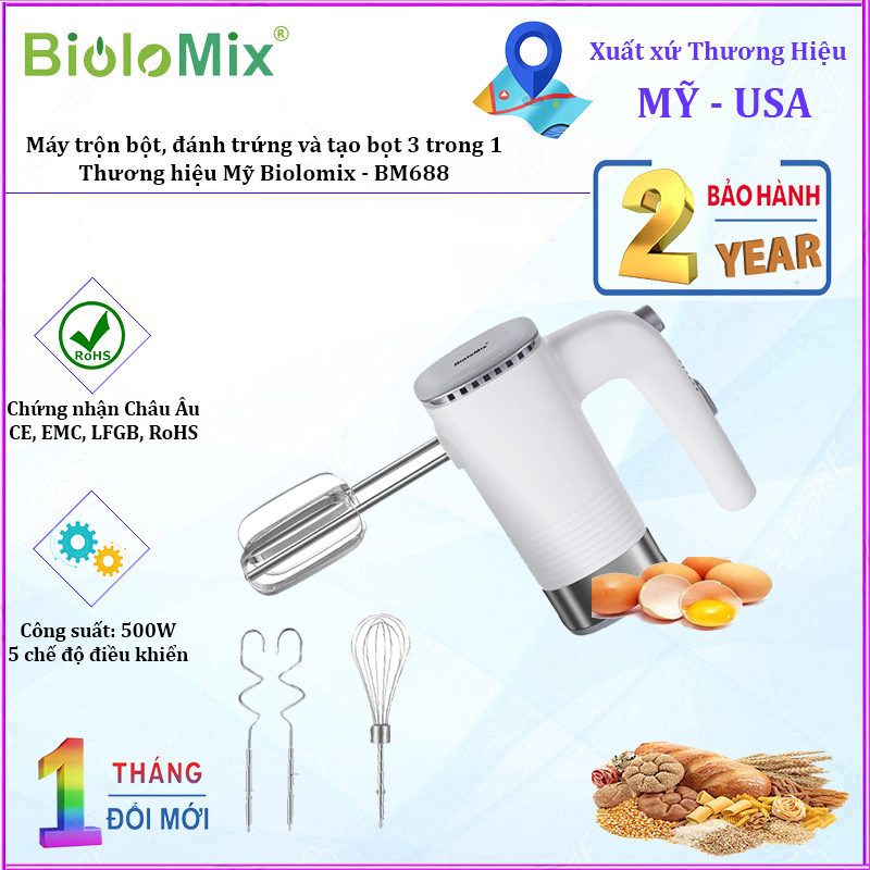 Máy trộn bột, đánh trứng, tạo bọt 3 trong 1 Biolomix BM688 công suất 500W tích hợp 5 tốc độ - Hàng Nhập Khẩu