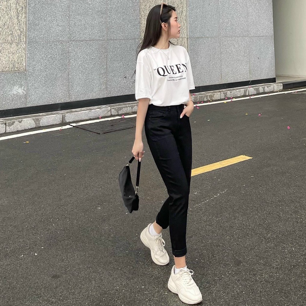 Quần jean nữ boyfriend baggy trơn dài đen và trắng co giãn HQJEANS