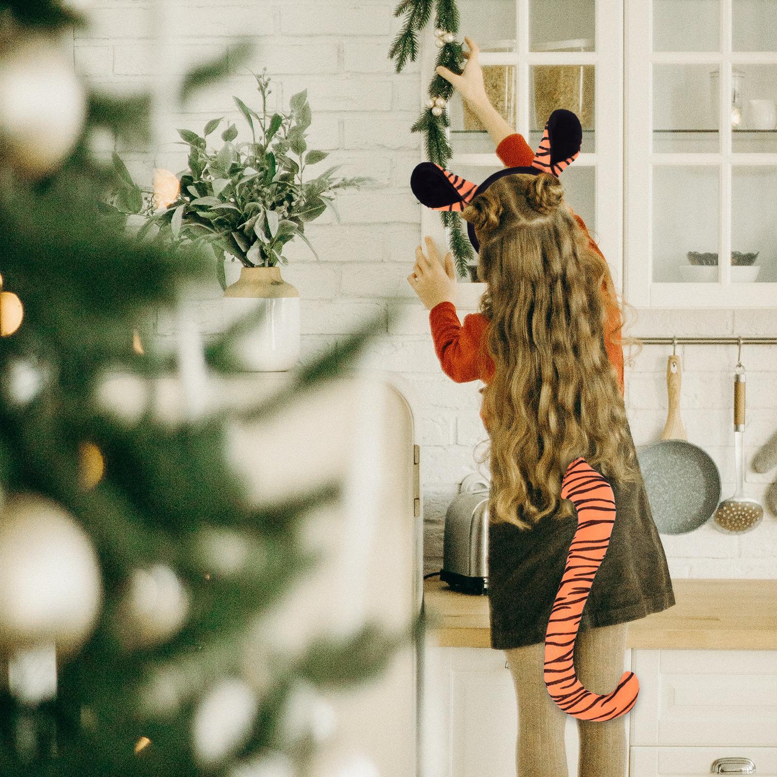 Tiger Ears and Tail Set Hoop Faux Cosplay Props Cow Ear Headband Ears Hair Clip for Prom Christmas Halloween Women