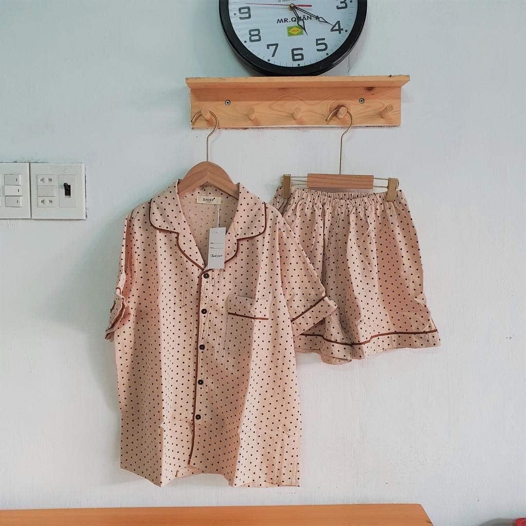 Pyjama thô đũi nền kem chấm bi nâu