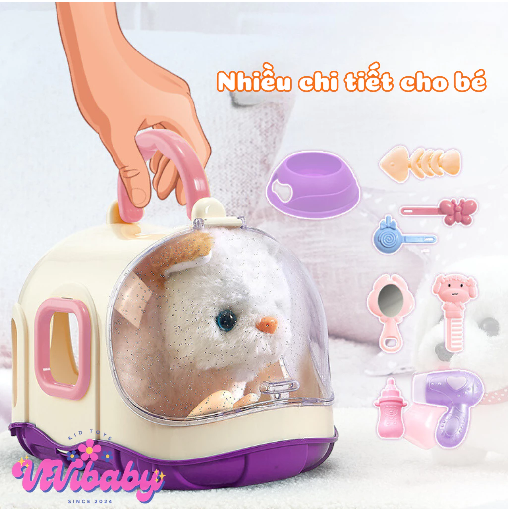 Đồ Chơi Lồng Thú Cưng, Lồng Mèo Lồng Thỏ Lồng Chó Cho Bé Chăm Sóc, Thú Cưng Biết Đi Biết Kêu Kèm Phụ Kiện Đáng Yêu Cute