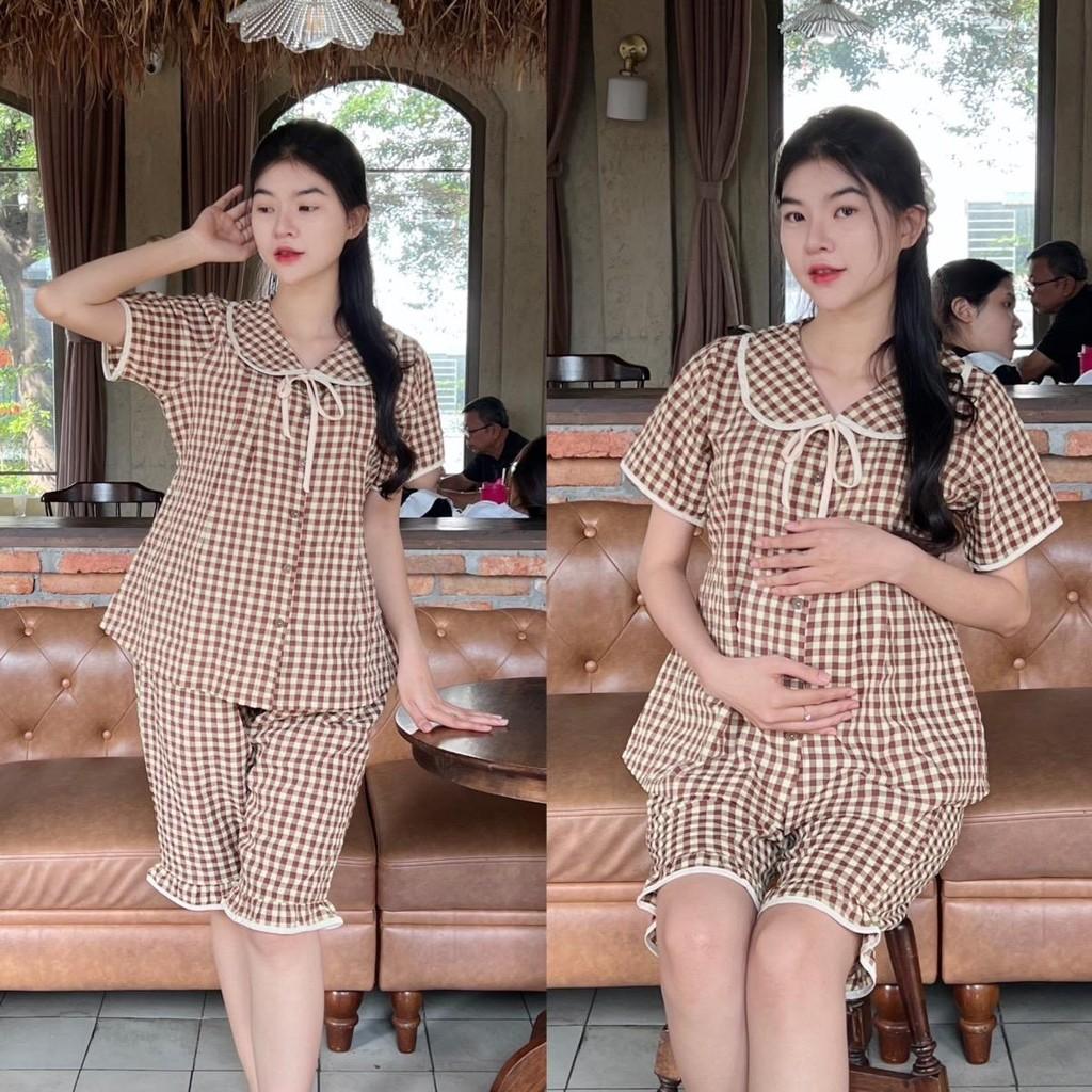 Bộ Đồ Bầu Lửng Karo Mẫu Mới Mùa Hè 2025 Mặc Nhà Chất Cotton Hàn Nhẹ Mát Có Chun Điều Chỉnh - Đỏ