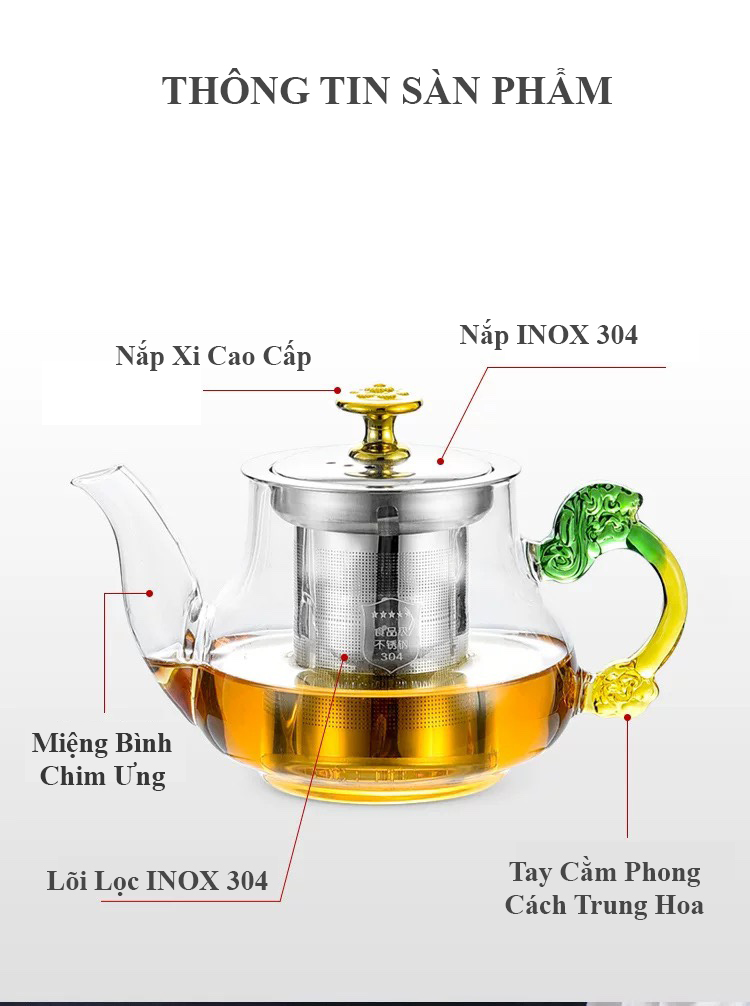 Bình trà thủy tinh lõi inox 600ml sang trọng