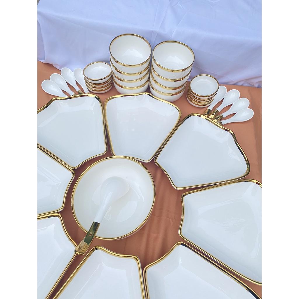 Set bát đĩa Hướng Dương lá me 8 cánh màu trắng bằng gốm sứ cao cấp