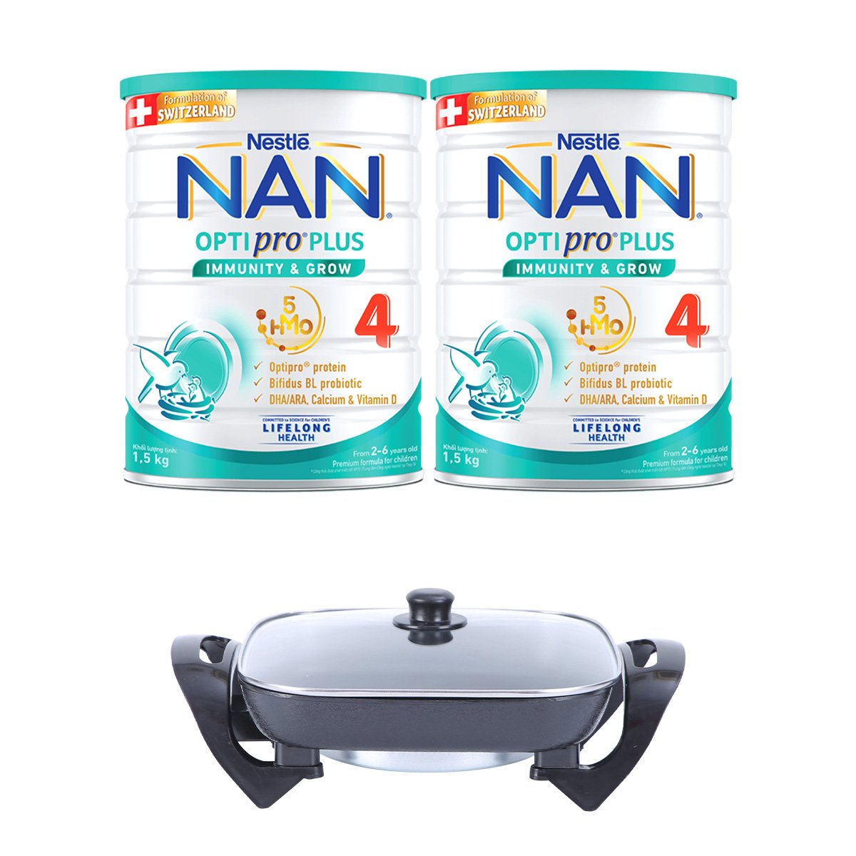 Hình ảnh Bộ 2 lon Sữa bột Nestlé NAN OPTIPRO PLUS 4 1500g/lon với 5HMO Giúp tiêu hóa tốt + Tăng cường đề kháng  Tặng Nồi lẩu điện - Mẫu ngẫu nhiên  (2 - 6 tuổi)