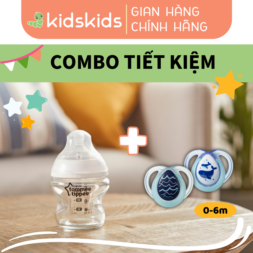 COMBO Bình sữa thủy tinh ty siêu mềm tự nhiên Tommee Tippee Closer to Nature 150ml, núm ty đi kèm 0-3 tháng &amp; Ty ngậm dạ quang cho bé Tommee Tippee Night Time 0-6 tháng (vỉ đôi) - Cá Voi