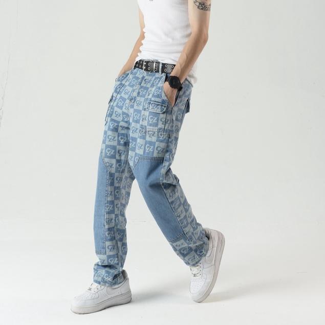 Quần jean Double Knee Caro Pants, ống suông vải bò unisex nam nữ xanh